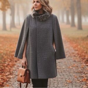 IMAN Gray Wool Cape w Faux Fur Collar Sz: XS/S Sophisticated Winter Outerwear
